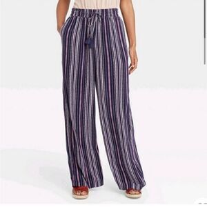 Knox Rose Wide Leg navy blue Striped trouser palazzo Pants pull on  M